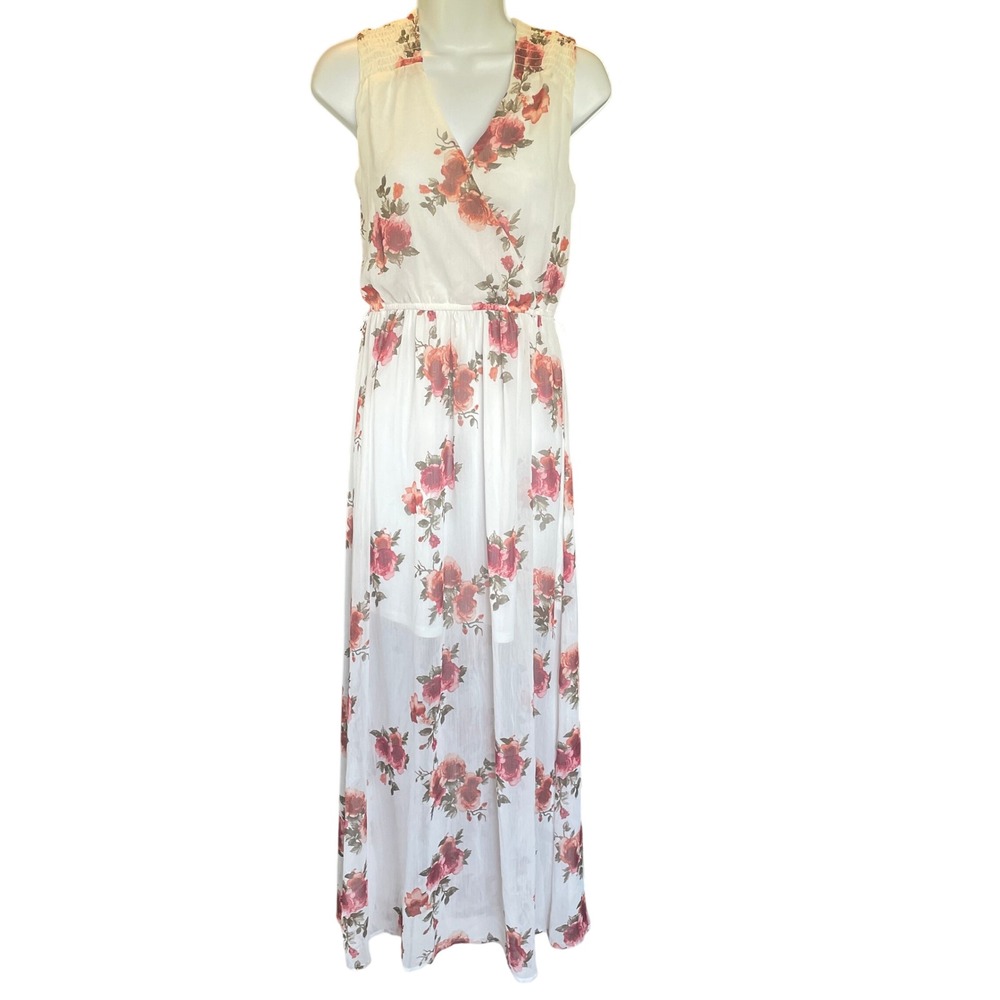 Womens Fairy Cottage Floral Chiffon Maxi Dress Size XS Romantic Rose White